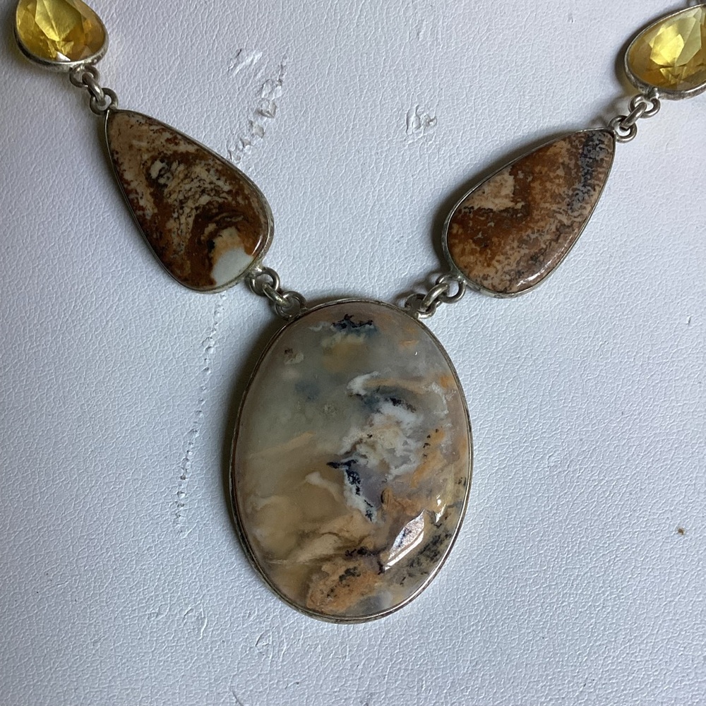 925 Sterling & 3 Picture Agates Necklace